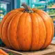 Illustrazione di una zucca intera in primo piano su un banco essenziale di ortaggi.