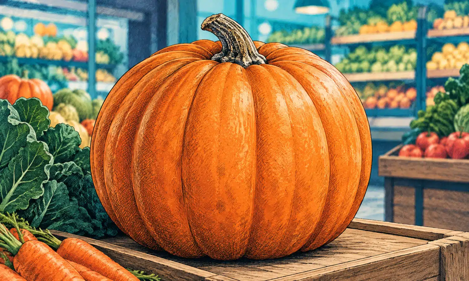 Illustrazione di una zucca intera in primo piano su un banco essenziale di ortaggi.