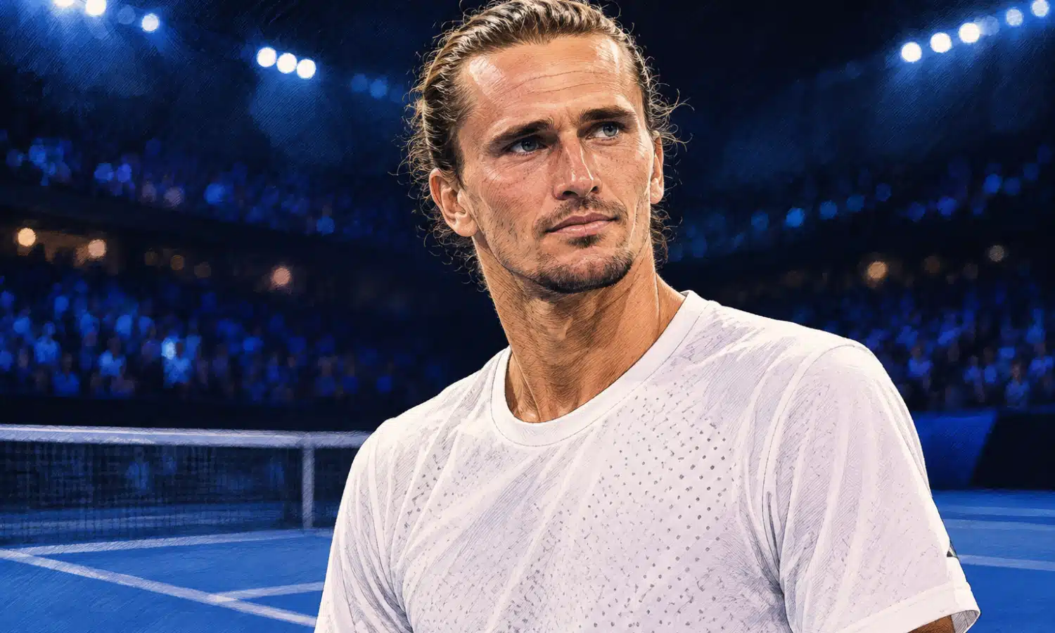 Illustrazione editoriale di un tennista in primo piano, ispirata al riferimento di Alexander Zverev, con un’arena tennistica sullo sfondo.